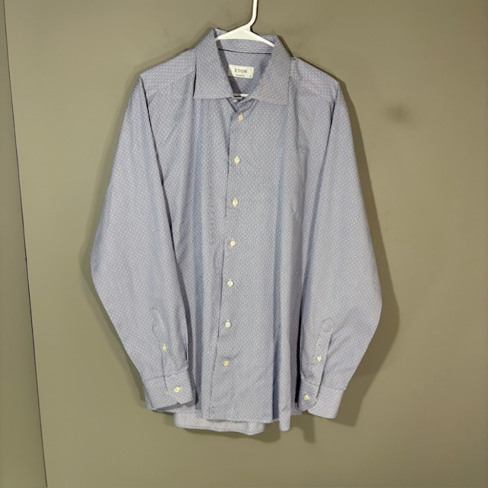 Eton Shirt Mens 18 46 Blue Stripe Regular Fit 100% Cotton Dress Long Sleeve